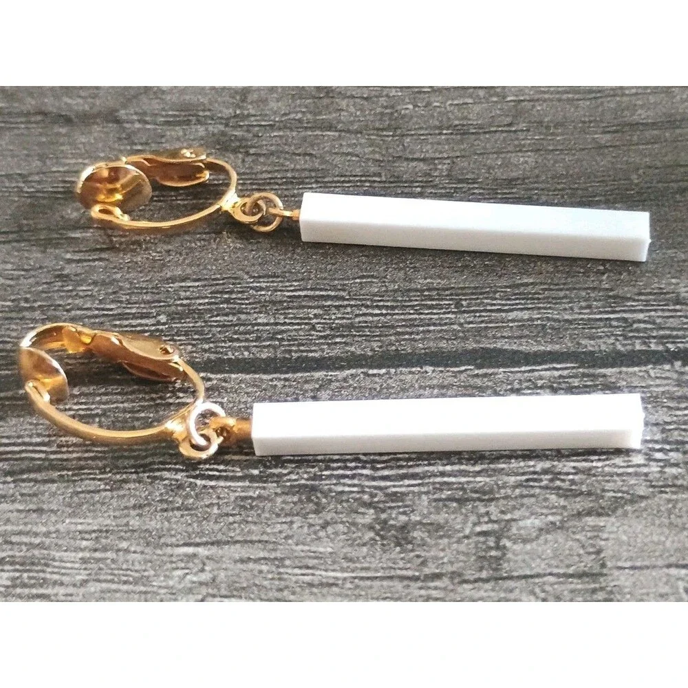 White Acrylic Gold Tone Dangle Clip On Vintage Earrings